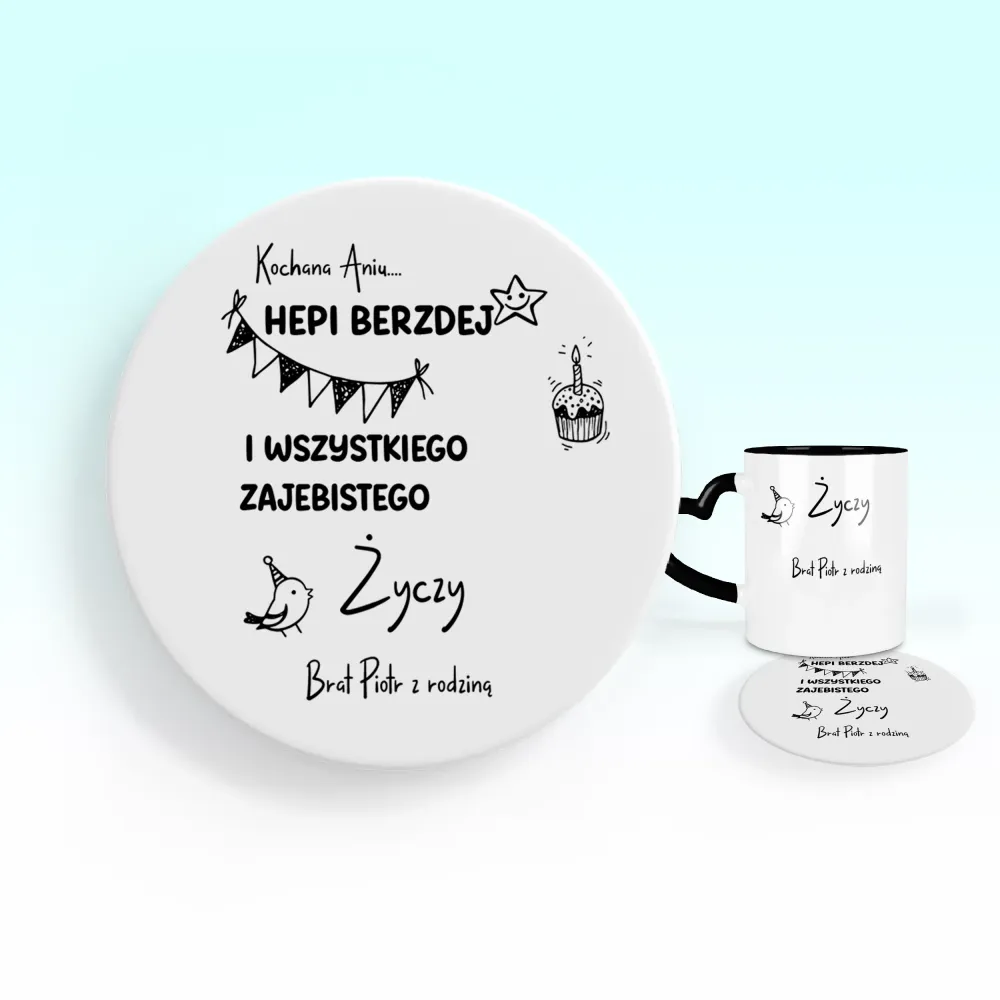 Podkładka pod kubek - HEPI BERZDEJ I WSZYSTKIEGO ZAJEBISTEGO + imię i kto życzy - personalizuj