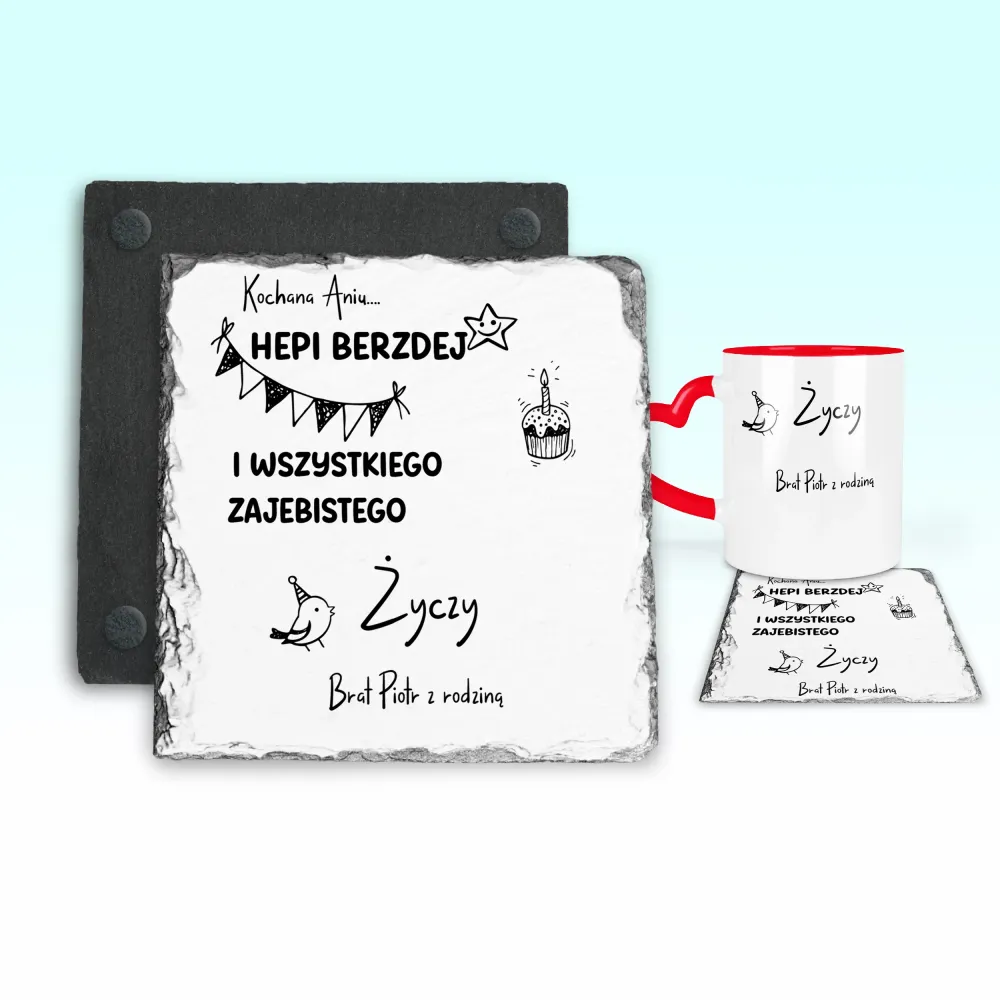 Podkładka pod kubek - HEPI BERZDEJ I WSZYSTKIEGO ZAJEBISTEGO + imię i kto życzy - personalizuj