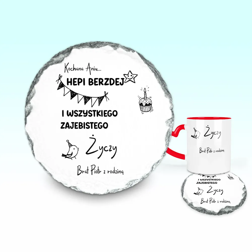 Podkładka pod kubek - HEPI BERZDEJ I WSZYSTKIEGO ZAJEBISTEGO + imię i kto życzy - personalizuj